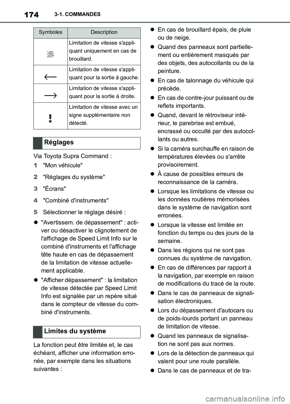 TOYOTA SUPRA 2022  Notices Demploi (in French) 1743-1. COMMANDES
Via Toyota Supra Command :
1"Mon véhicule"
2"Réglages du système"
3"Écrans"
4"Combiné dinstruments"
5Sélectionner le réglage désiré :
"Avertissem. de dépassement" : act