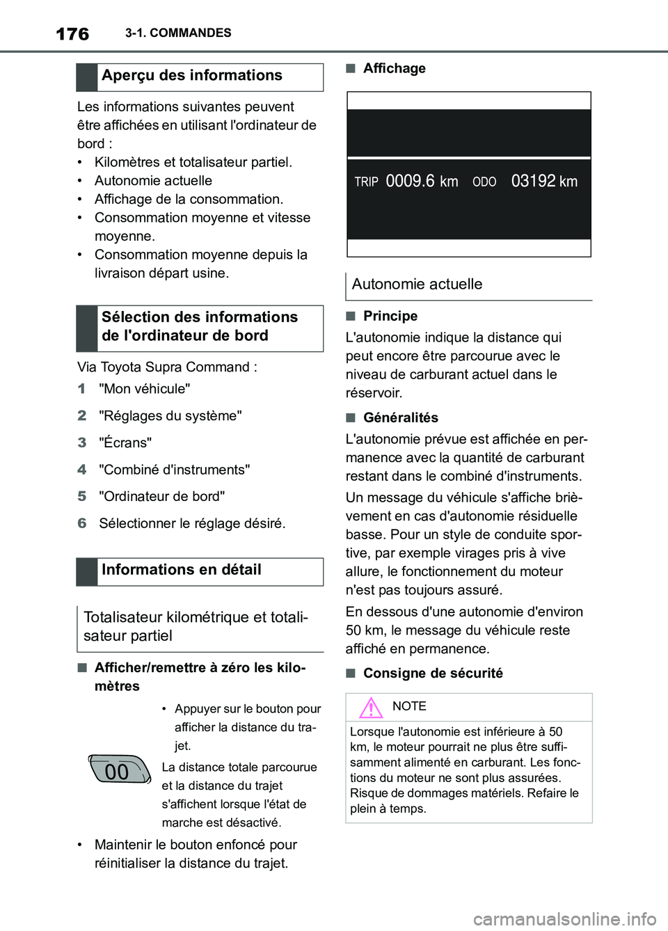 TOYOTA SUPRA 2022  Notices Demploi (in French) 1763-1. COMMANDES
Les informations suivantes peuvent 
être affichées en utilisant lordinateur de 
bord :
• Kilomètres et totalisateur partiel.
• Autonomie actuelle
• Affichage de la consomma
