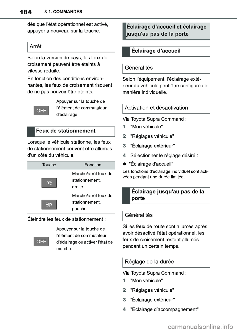 TOYOTA SUPRA 2022  Notices Demploi (in French) 1843-1. COMMANDES
dès que létat opérationnel est activé, 
appuyer à nouveau sur la touche.
Selon la version de pays, les feux de 
croisement peuvent être éteints à 
vitesse réduite.
En fonct