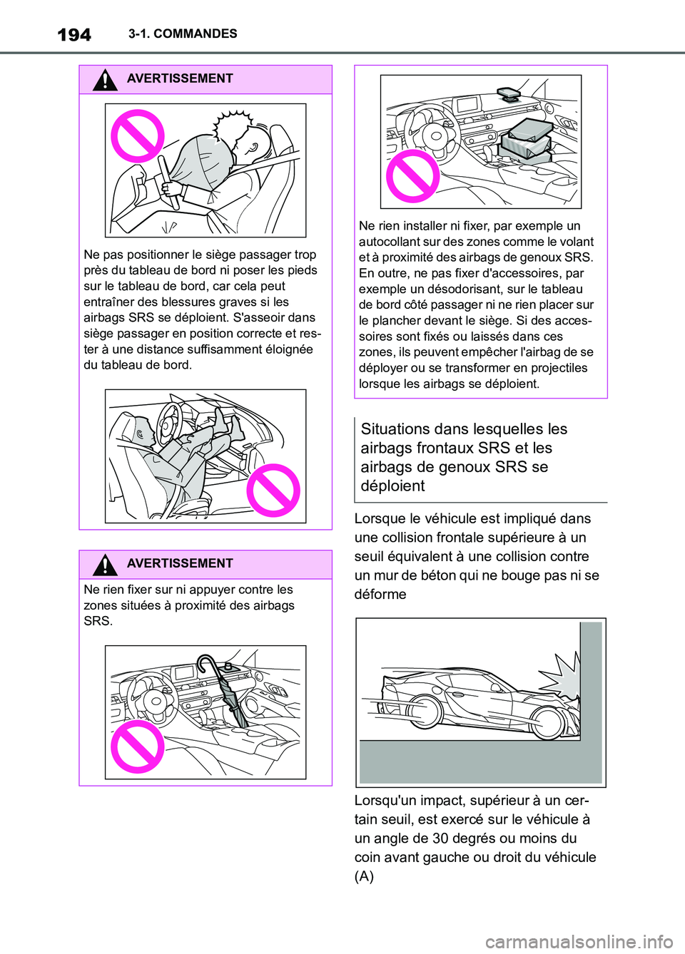 TOYOTA SUPRA 2022  Notices Demploi (in French) 1943-1. COMMANDES
Lorsque le véhicule est impliqué dans 
une collision frontale supérieure à un 
seuil équivalent à une collision contre 
un mur de béton qui ne bouge pas ni se 
déforme
Lorsqu