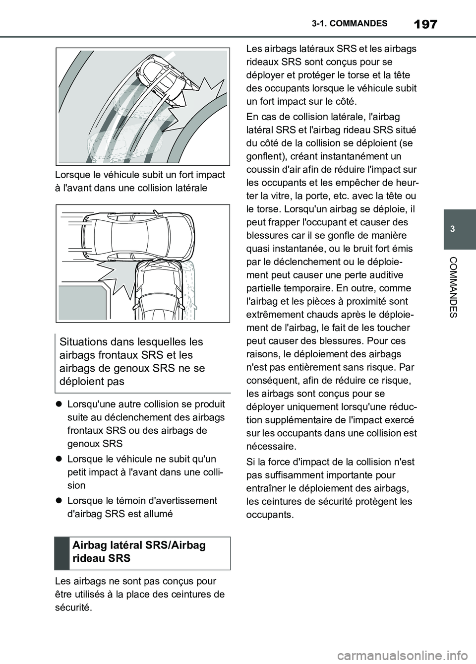 TOYOTA SUPRA 2022  Notices Demploi (in French) 197
3 3-1. COMMANDES
COMMANDES
Lorsque le véhicule subit un fort impact 
à lavant dans une collision latérale
Lorsquune autre collision se produit 
suite au déclenchement des airbags 
frontau
