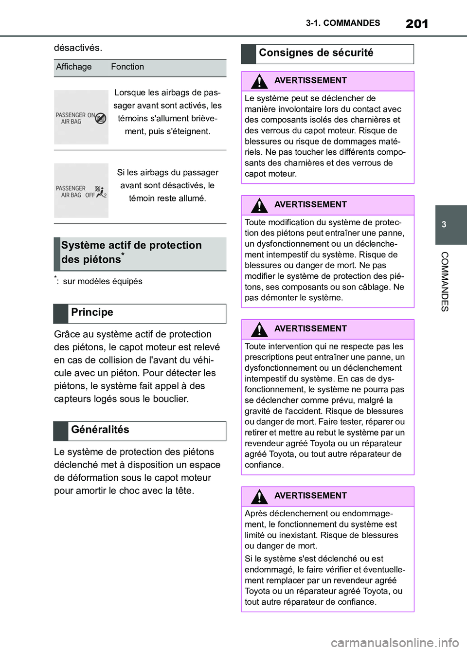 TOYOTA SUPRA 2022  Notices Demploi (in French) 201
3 3-1. COMMANDES
COMMANDES
désactivés.
*: sur modèles équipés
Grâce au système actif de protection 
des piétons, le capot moteur est relevé 
en cas de collision de lavant du véhi-
cule 