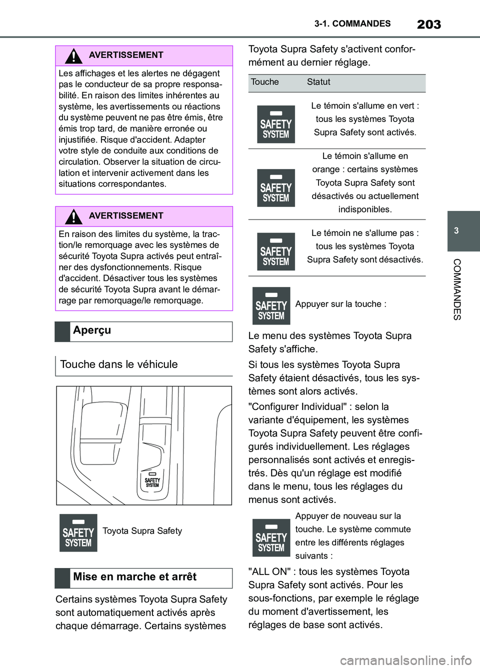 TOYOTA SUPRA 2022  Notices Demploi (in French) 203
3 3-1. COMMANDES
COMMANDES
Certains systèmes Toyota Supra Safety 
sont automatiquement activés après 
chaque démarrage. Certains systèmes Toyota Supra Safety sactivent confor-
mément au der