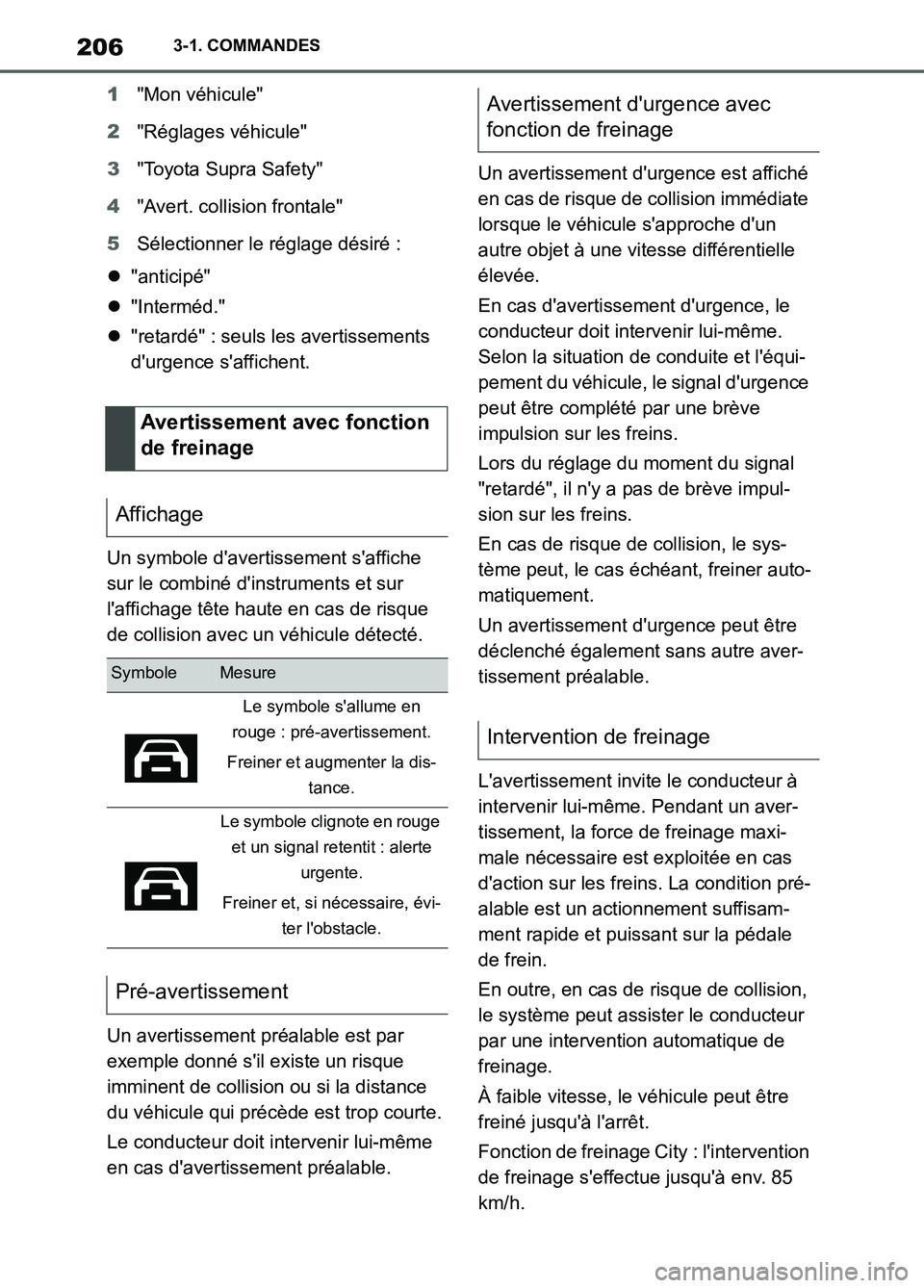 TOYOTA SUPRA 2022  Notices Demploi (in French) 2063-1. COMMANDES
1"Mon véhicule"
2"Réglages véhicule"
3"Toyota Supra Safety"
4"Avert. collision frontale"
5Sélectionner le réglage désiré :
"anticipé"
"Interméd."
"retardé" : seuls