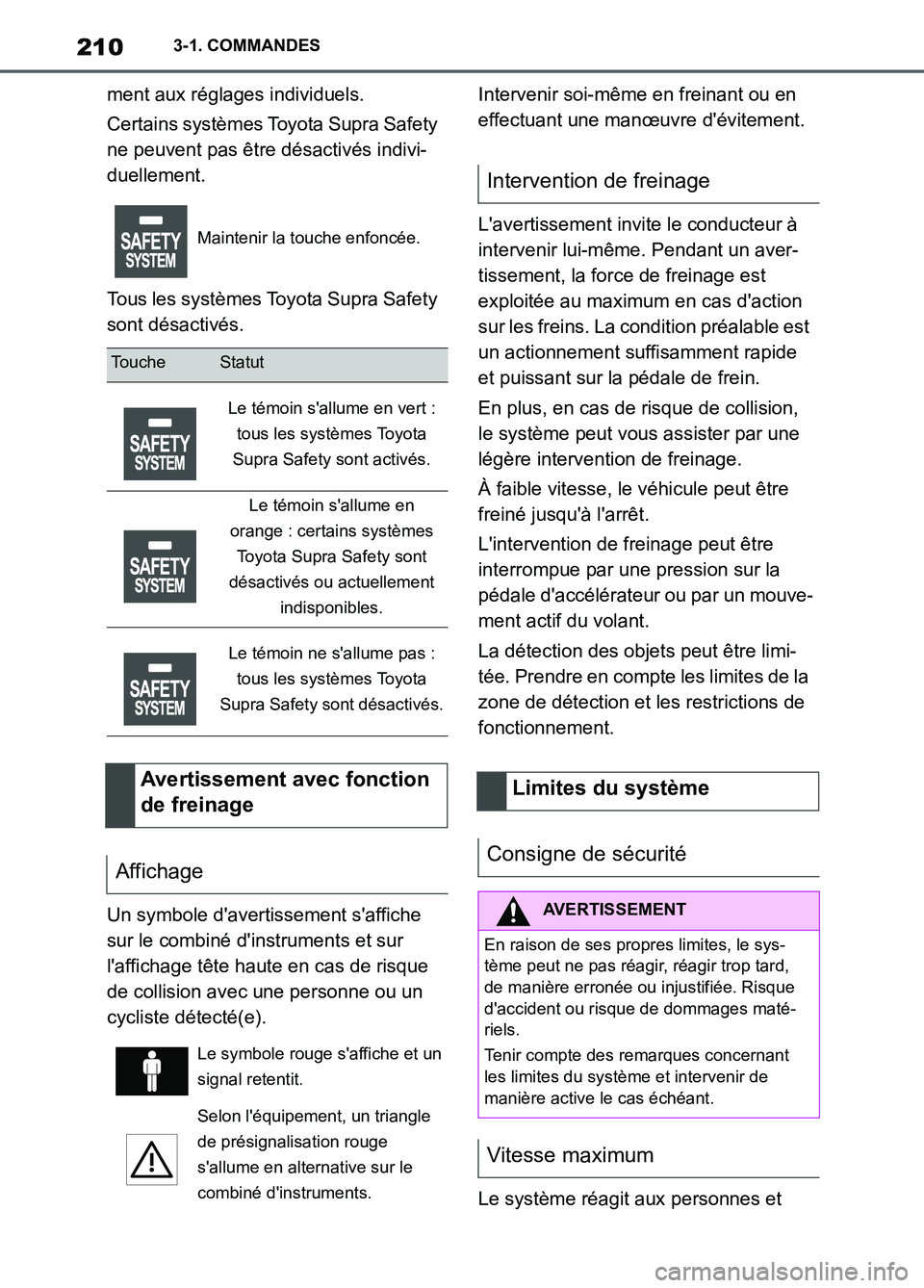 TOYOTA SUPRA 2022 Notices Demploi (in French) 2103-1. COMMANDES
ment aux réglages individuels.
Certains systèmes Toyota Supra Safety
ne peuvent pas être désactivés indivi-
duellement.
Tous les systèmes Toyota Supra Safety
sont désactivé TOYOTA SUPRA 2022 Notices Demploi (in French) 2103-1. COMMANDES
ment aux réglages individuels.
Certains systèmes Toyota Supra Safety
ne peuvent pas être désactivés indivi-
duellement.
Tous les systèmes Toyota Supra Safety
sont désactivé