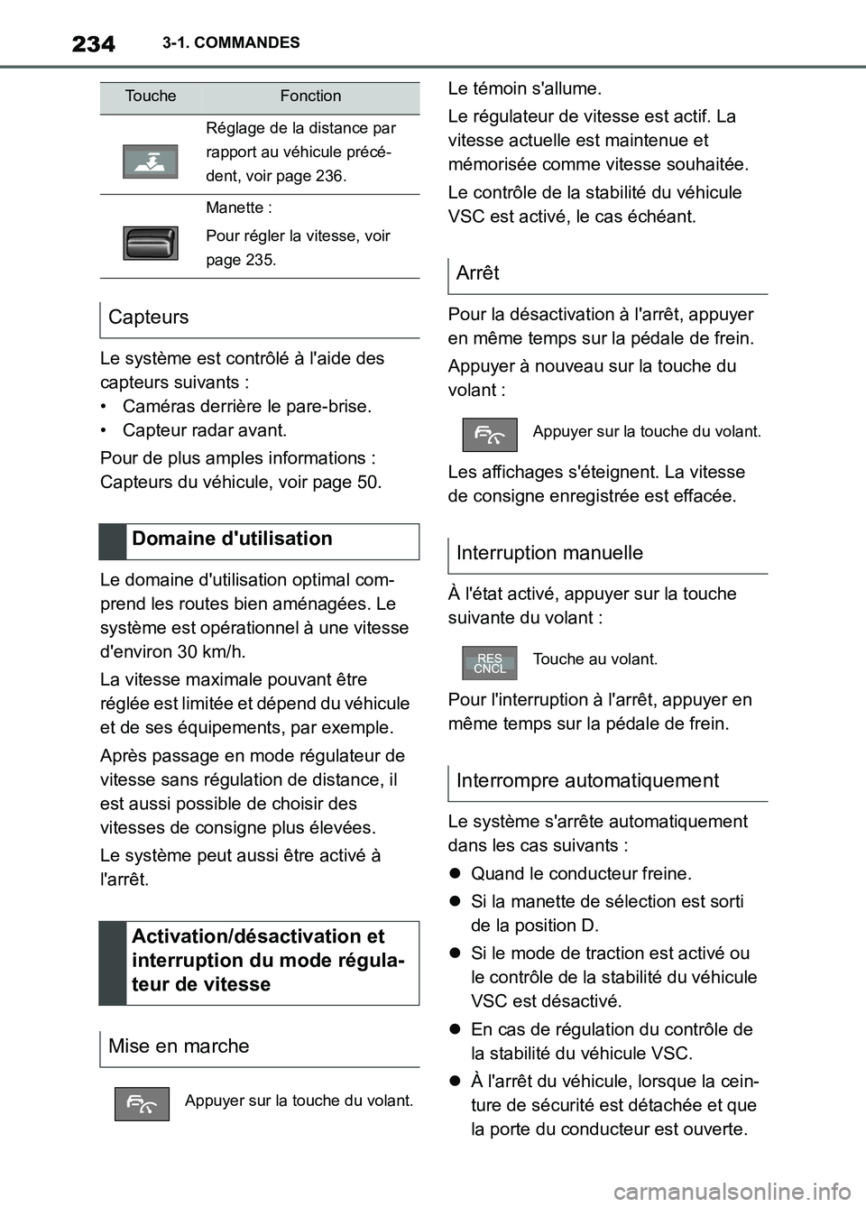 TOYOTA SUPRA 2022  Notices Demploi (in French) 2343-1. COMMANDES
Le système est contrôlé à laide des 
capteurs suivants :
• Caméras derrière le pare-brise.
• Capteur radar avant.
Pour de plus amples informations :
Capteurs du véhicule,