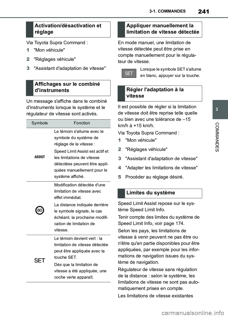 TOYOTA SUPRA 2022  Notices Demploi (in French) 241
3 3-1. COMMANDES
COMMANDES
Via Toyota Supra Command :
1"Mon véhicule"
2"Réglages véhicule"
3"Assistant dadaptation de vitesse"
Un message saffiche dans le combiné 
dinstruments lorsque le s