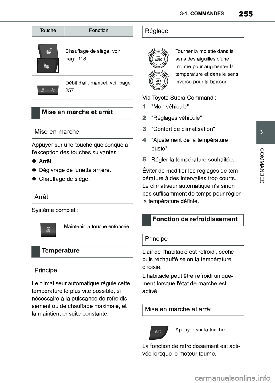 TOYOTA SUPRA 2022 Notices Demploi (in French) 255
3 3-1. COMMANDES
COMMANDESAppuyer sur une touche quelconque à
lexception des touches suivantes :
Arrêt.
Dégivrage de lunette arrière.
Chauffage de siège.
Système complet :
Le clim TOYOTA SUPRA 2022 Notices Demploi (in French) 255
3 3-1. COMMANDES
COMMANDESAppuyer sur une touche quelconque à
lexception des touches suivantes :
Arrêt.
Dégivrage de lunette arrière.
Chauffage de siège.
Système complet :
Le clim