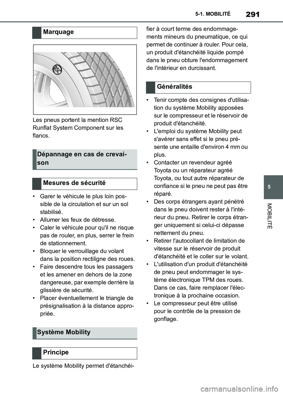TOYOTA SUPRA 2022  Notices Demploi (in French) 291
5 5-1. MOBILITÉ
MOBILITÉ
Les pneus portent la mention RSC 
Runflat System Component sur les 
flancs.
• Garer le véhicule le plus loin pos-
sible de la circulation et sur un sol 
stabilisé.
