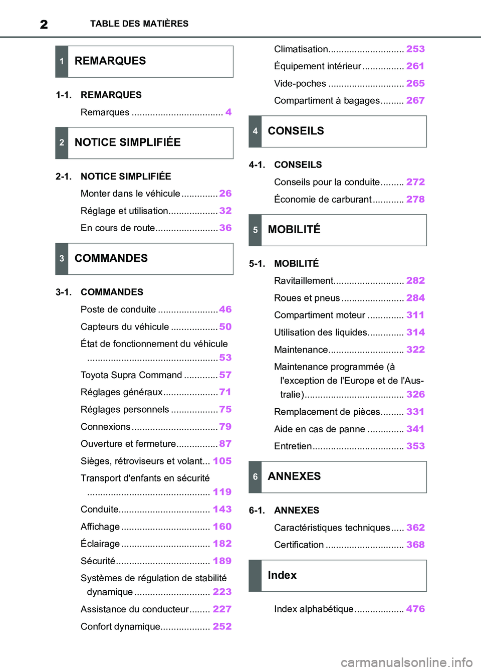 TOYOTA SUPRA 2022  Notices Demploi (in French) 2TABLE DES MATIÈRES
1-1. REMARQUES
Remarques ...................................4
2-1. NOTICE SIMPLIFIÉE
Monter dans le véhicule ..............26
Réglage et utilisation...................32
En cou