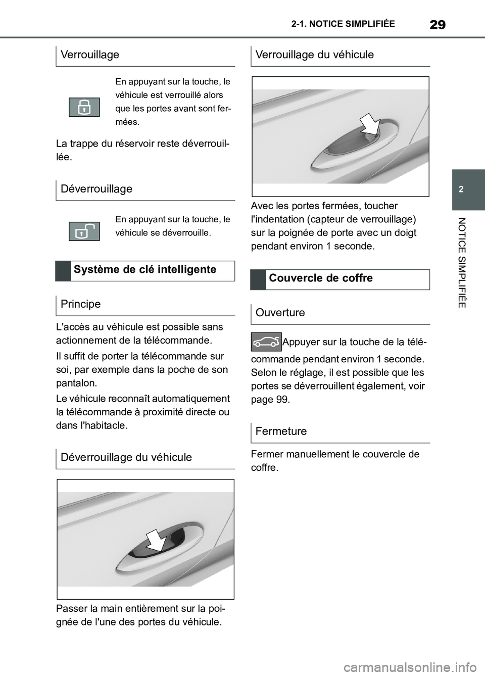 TOYOTA SUPRA 2022 Notices Demploi (in French) 29
2 2-1. NOTICE SIMPLIFIÉE
NOTICE SIMPLIFIÉE
La trappe du réservoir reste déverrouil-
lée.
Laccès au véhicule est possible sans
actionnement de la télécommande.
Il suffit de porter la tél TOYOTA SUPRA 2022 Notices Demploi (in French) 29
2 2-1. NOTICE SIMPLIFIÉE
NOTICE SIMPLIFIÉE
La trappe du réservoir reste déverrouil-
lée.
Laccès au véhicule est possible sans
actionnement de la télécommande.
Il suffit de porter la tél