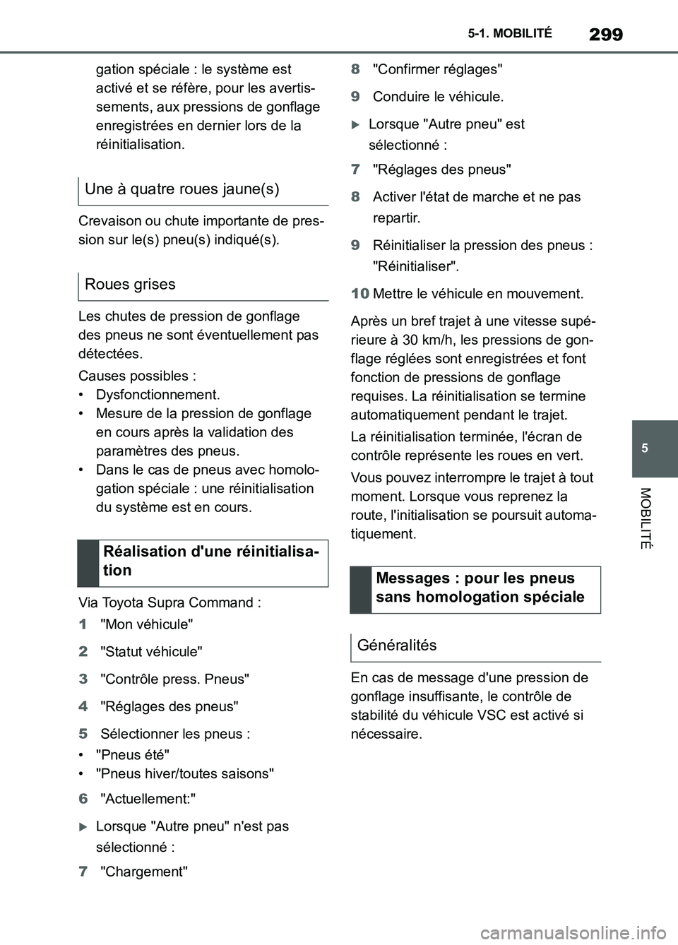TOYOTA SUPRA 2022 Notices Demploi (in French) 299
5 5-1. MOBILITÉ
MOBILITÉ
gation spéciale : le système est
activé et se réfère, pour les avertis-
sements, aux pressions de gonflage
enregistrées en dernier lors de la
réinitialisation. TOYOTA SUPRA 2022 Notices Demploi (in French) 299
5 5-1. MOBILITÉ
MOBILITÉ
gation spéciale : le système est
activé et se réfère, pour les avertis-
sements, aux pressions de gonflage
enregistrées en dernier lors de la
réinitialisation.