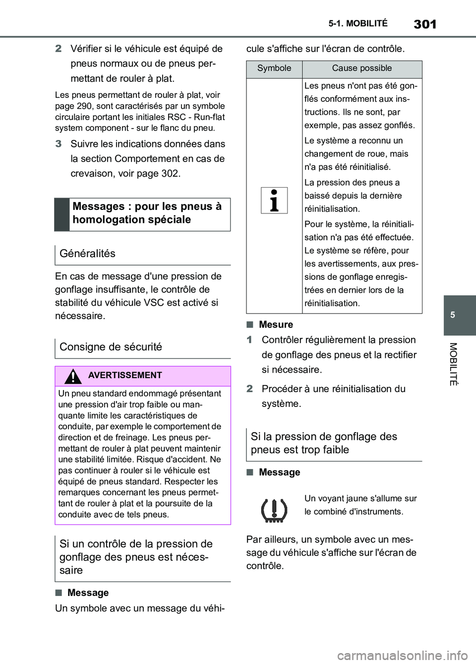 TOYOTA SUPRA 2022 Notices Demploi (in French) 301
5 5-1. MOBILITÉ
MOBILITÉ
2Vérifier si le véhicule est équipé de
pneus normaux ou de pneus per-
mettant de rouler à plat.
Les pneus permettant de rouler à plat, voir
page 290, sont caract TOYOTA SUPRA 2022 Notices Demploi (in French) 301
5 5-1. MOBILITÉ
MOBILITÉ
2Vérifier si le véhicule est équipé de
pneus normaux ou de pneus per-
mettant de rouler à plat.
Les pneus permettant de rouler à plat, voir
page 290, sont caract