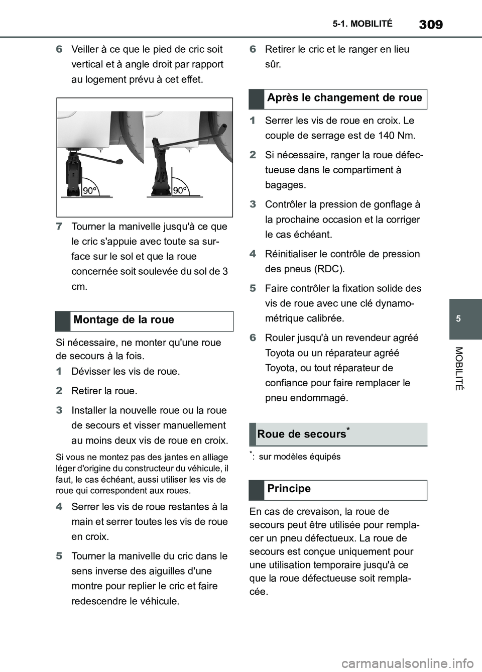 TOYOTA SUPRA 2022 Notices Demploi (in French) 309
5 5-1. MOBILITÉ
MOBILITÉ
6Veiller à ce que le pied de cric soit
vertical et à angle droit par rapport
au logement prévu à cet effet.
7Tourner la manivelle jusquà ce que
le cric sappuie TOYOTA SUPRA 2022 Notices Demploi (in French) 309
5 5-1. MOBILITÉ
MOBILITÉ
6Veiller à ce que le pied de cric soit
vertical et à angle droit par rapport
au logement prévu à cet effet.
7Tourner la manivelle jusquà ce que
le cric sappuie