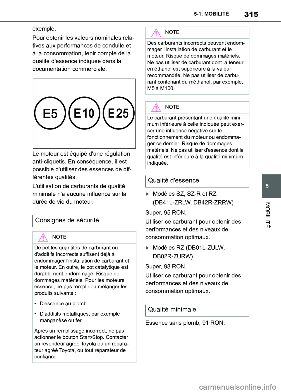 TOYOTA SUPRA 2022 Notices Demploi (in French) 315
5 5-1. MOBILITÉ
MOBILITÉ
exemple.
Pour obtenir les valeurs nominales rela-
tives aux performances de conduite et
à la consommation, tenir compte de la
qualité dessence indiquée dans la
do TOYOTA SUPRA 2022 Notices Demploi (in French) 315
5 5-1. MOBILITÉ
MOBILITÉ
exemple.
Pour obtenir les valeurs nominales rela-
tives aux performances de conduite et
à la consommation, tenir compte de la
qualité dessence indiquée dans la
do