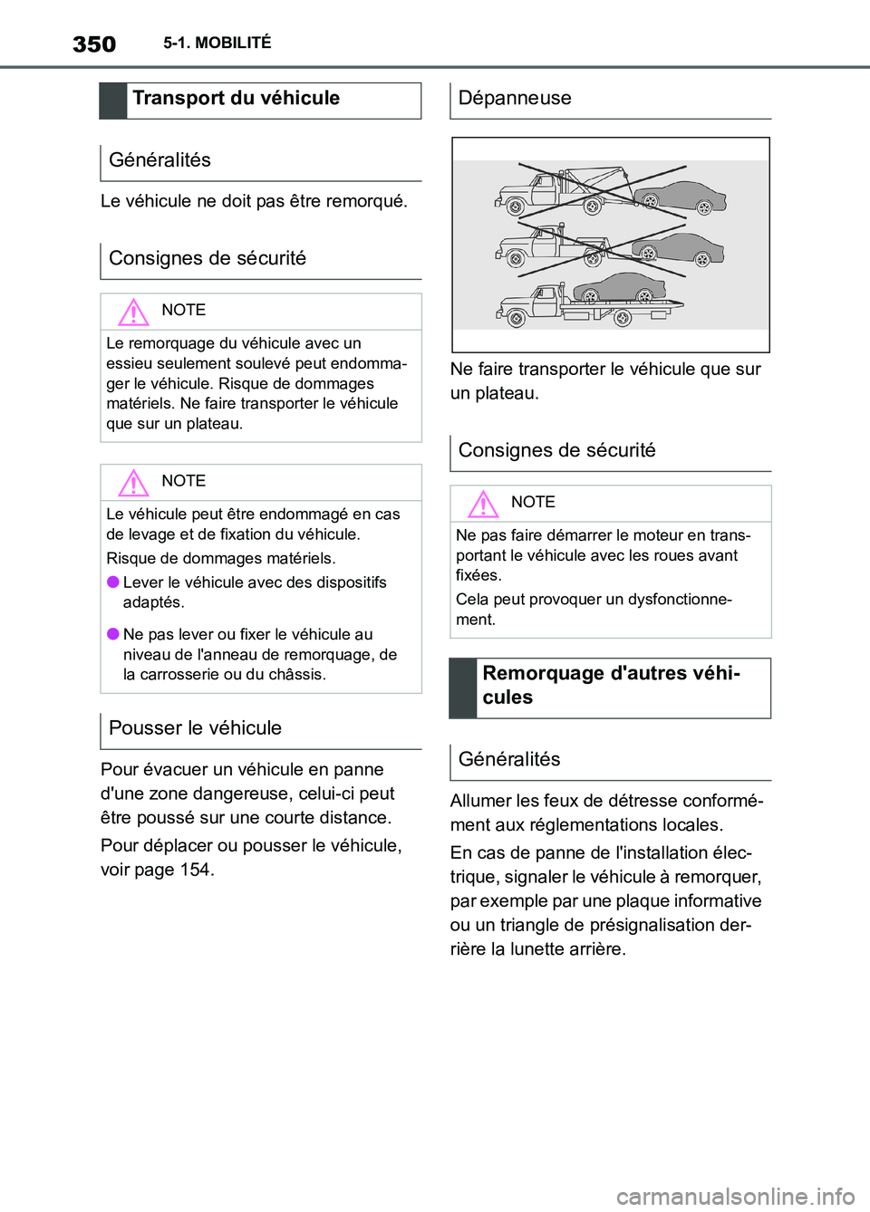 TOYOTA SUPRA 2022 Notices Demploi (in French) 3505-1. MOBILITÉ
Le véhicule ne doit pas être remorqué.
Pour évacuer un véhicule en panne
dune zone dangereuse, celui-ci peut
être poussé sur une courte distance.
Pour déplacer ou pousser TOYOTA SUPRA 2022 Notices Demploi (in French) 3505-1. MOBILITÉ
Le véhicule ne doit pas être remorqué.
Pour évacuer un véhicule en panne
dune zone dangereuse, celui-ci peut
être poussé sur une courte distance.
Pour déplacer ou pousser