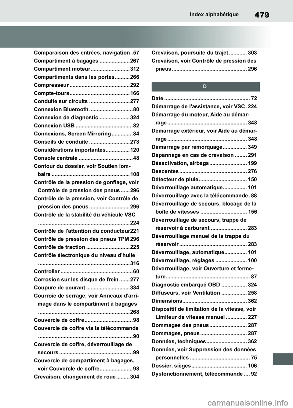 TOYOTA SUPRA 2022 Notices Demploi (in French) 479Index alphabétique
Comparaison des entrées, navigation . 57
Compartiment à bagages .................... 267
Compartiment moteur .......................... 312
Compartiments dans les portes...... TOYOTA SUPRA 2022 Notices Demploi (in French) 479Index alphabétique
Comparaison des entrées, navigation . 57
Compartiment à bagages .................... 267
Compartiment moteur .......................... 312
Compartiments dans les portes......