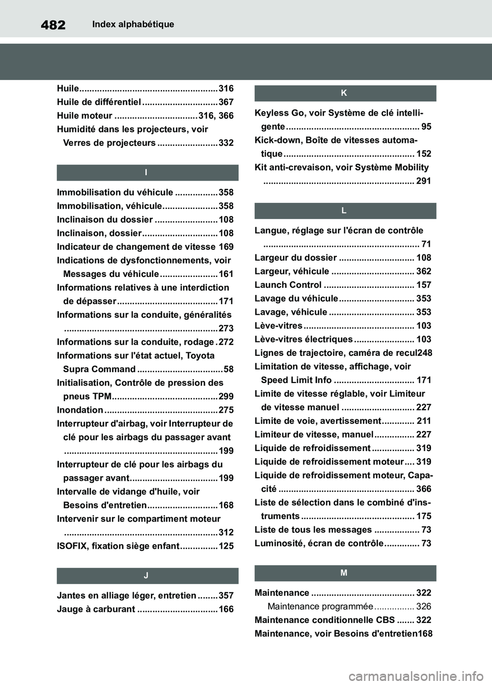 TOYOTA SUPRA 2022 Notices Demploi (in French) 482Index alphabétique
Huile....................................................... 316
Huile de différentiel .............................. 367
Huile moteur ................................. 316, 36 TOYOTA SUPRA 2022 Notices Demploi (in French) 482Index alphabétique
Huile....................................................... 316
Huile de différentiel .............................. 367
Huile moteur ................................. 316, 36