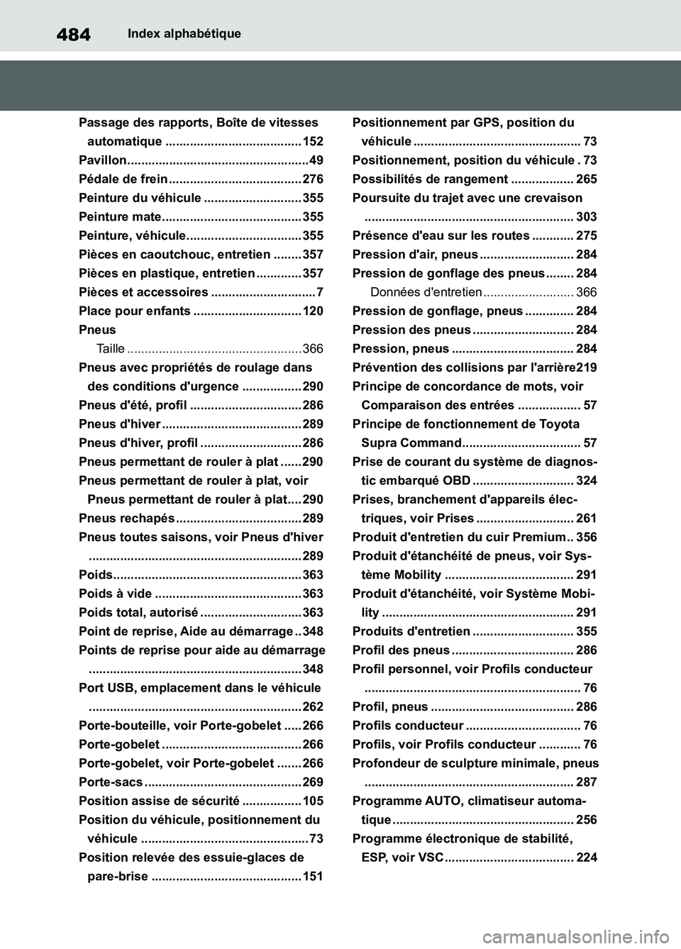 TOYOTA SUPRA 2022 Notices Demploi (in French) 484Index alphabétique
Passage des rapports, Boîte de vitesses
automatique ....................................... 152
Pavillon.................................................... 49
Pédale de frei TOYOTA SUPRA 2022 Notices Demploi (in French) 484Index alphabétique
Passage des rapports, Boîte de vitesses
automatique ....................................... 152
Pavillon.................................................... 49
Pédale de frei