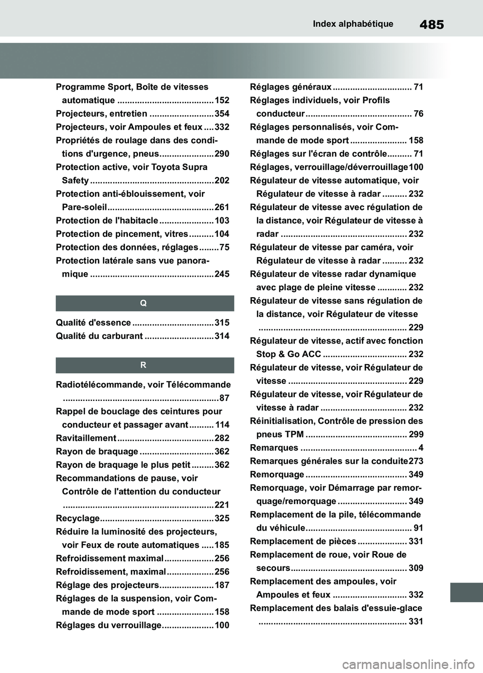 TOYOTA SUPRA 2022 Notices Demploi (in French) 485Index alphabétique
Programme Sport, Boîte de vitesses
automatique ....................................... 152
Projecteurs, entretien .......................... 354
Projecteurs, voir Ampoules et TOYOTA SUPRA 2022 Notices Demploi (in French) 485Index alphabétique
Programme Sport, Boîte de vitesses
automatique ....................................... 152
Projecteurs, entretien .......................... 354
Projecteurs, voir Ampoules et