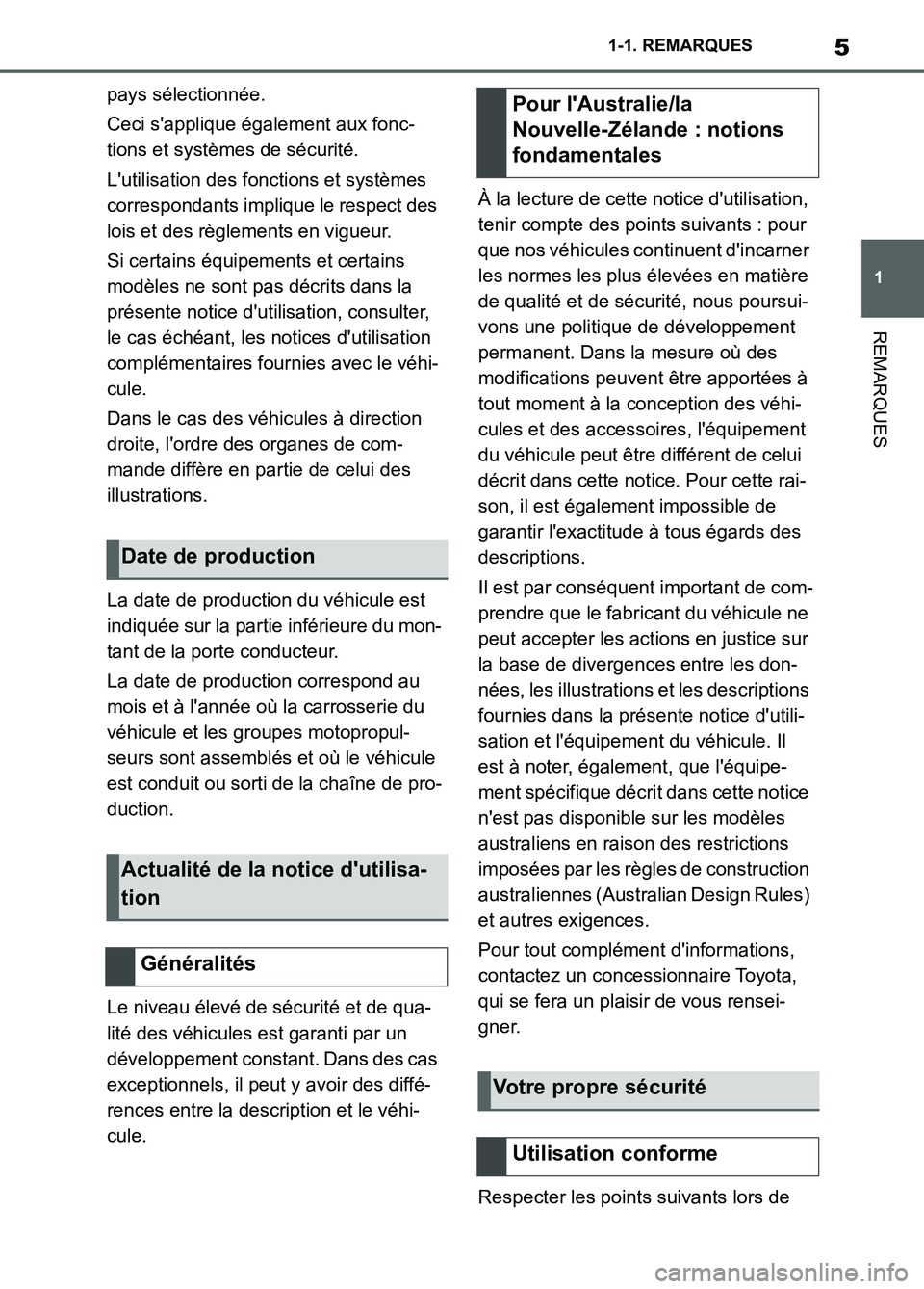 TOYOTA SUPRA 2022 Notices Demploi (in French) 5
1 1-1. REMARQUES
REMARQUES
pays sélectionnée.
Ceci sapplique également aux fonc-
tions et systèmes de sécurité.
Lutilisation des fonctions et systèmes
correspondants implique le respect de TOYOTA SUPRA 2022 Notices Demploi (in French) 5
1 1-1. REMARQUES
REMARQUES
pays sélectionnée.
Ceci sapplique également aux fonc-
tions et systèmes de sécurité.
Lutilisation des fonctions et systèmes
correspondants implique le respect de