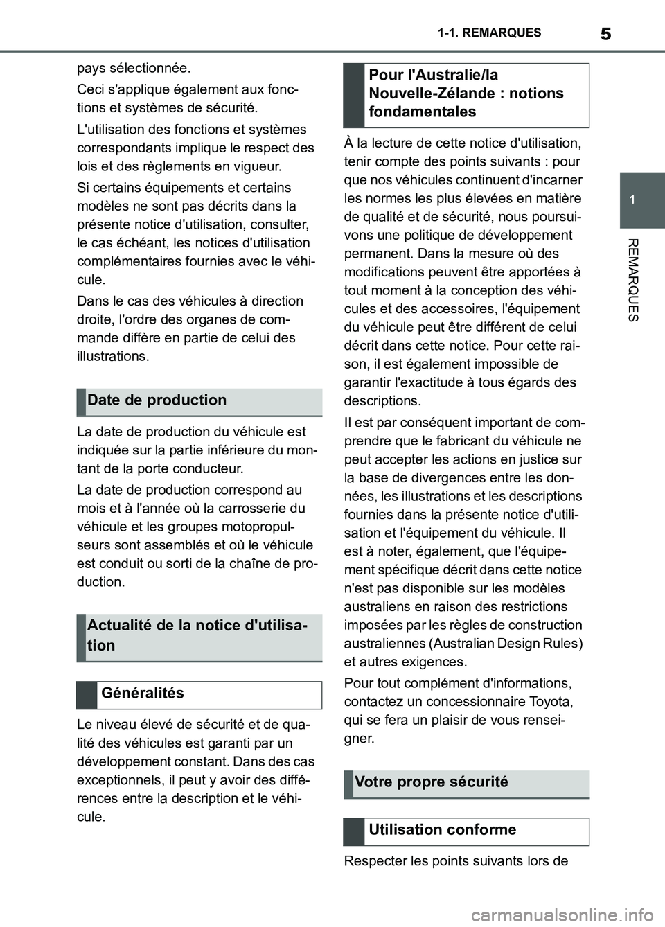 TOYOTA SUPRA 2022  Notices Demploi (in French) 5
1 1-1. REMARQUES
REMARQUES
pays sélectionnée.
Ceci sapplique également aux fonc-
tions et systèmes de sécurité.
Lutilisation des fonctions et systèmes 
correspondants implique le respect de