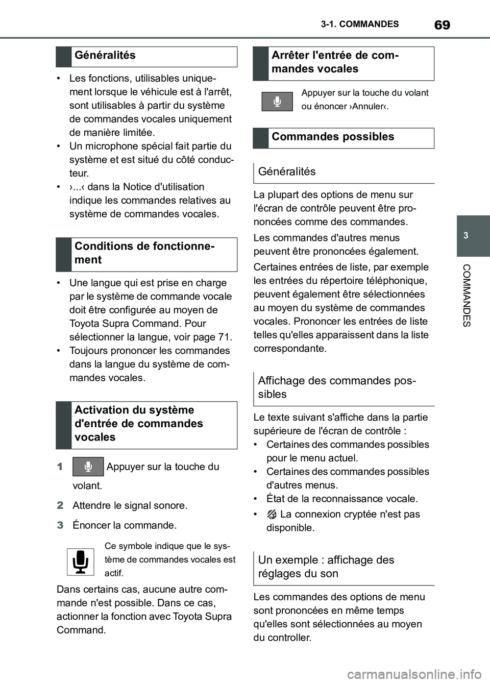 TOYOTA SUPRA 2022 Notices Demploi (in French) 69
3 3-1. COMMANDES
COMMANDES
• Les fonctions, utilisables unique-
ment lorsque le véhicule est à larrêt,
sont utilisables à partir du système
de commandes vocales uniquement
de manière li TOYOTA SUPRA 2022 Notices Demploi (in French) 69
3 3-1. COMMANDES
COMMANDES
• Les fonctions, utilisables unique-
ment lorsque le véhicule est à larrêt,
sont utilisables à partir du système
de commandes vocales uniquement
de manière li