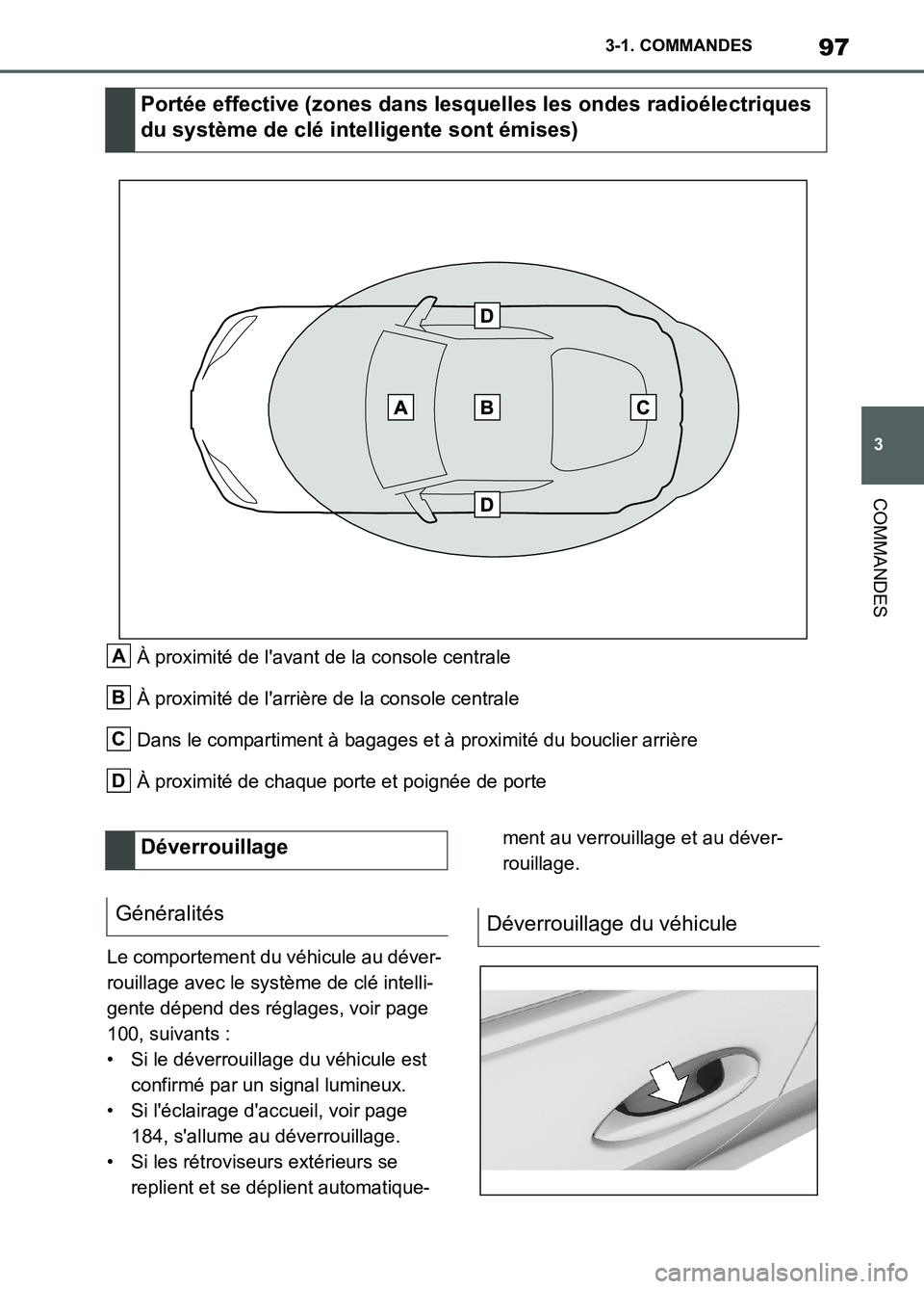 TOYOTA SUPRA 2022 Notices Demploi (in French) 97
3 3-1. COMMANDES
COMMANDES
À proximité de lavant de la console centrale
À proximité de larrière de la console centrale
Dans le compartiment à bagages et à proximité du bouclier arrière
TOYOTA SUPRA 2022 Notices Demploi (in French) 97
3 3-1. COMMANDES
COMMANDES
À proximité de lavant de la console centrale
À proximité de larrière de la console centrale
Dans le compartiment à bagages et à proximité du bouclier arrière