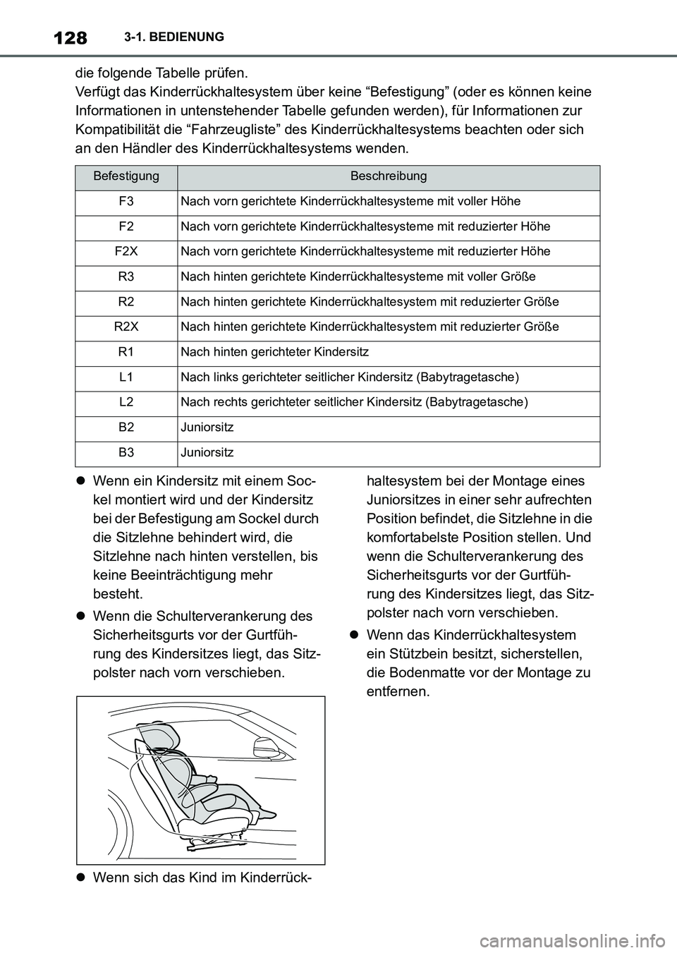 TOYOTA SUPRA 2022 Betriebsanleitungen (in German) 1283-1. BEDIENUNG
die folgende Tabelle prüfen.
Verfügt das Kinderrückhaltesystem über keine “Befestigung” (oder es können keine
Informationen in untenstehender Tabelle gefunden werden), für TOYOTA SUPRA 2022 Betriebsanleitungen (in German) 1283-1. BEDIENUNG
die folgende Tabelle prüfen.
Verfügt das Kinderrückhaltesystem über keine “Befestigung” (oder es können keine
Informationen in untenstehender Tabelle gefunden werden), für