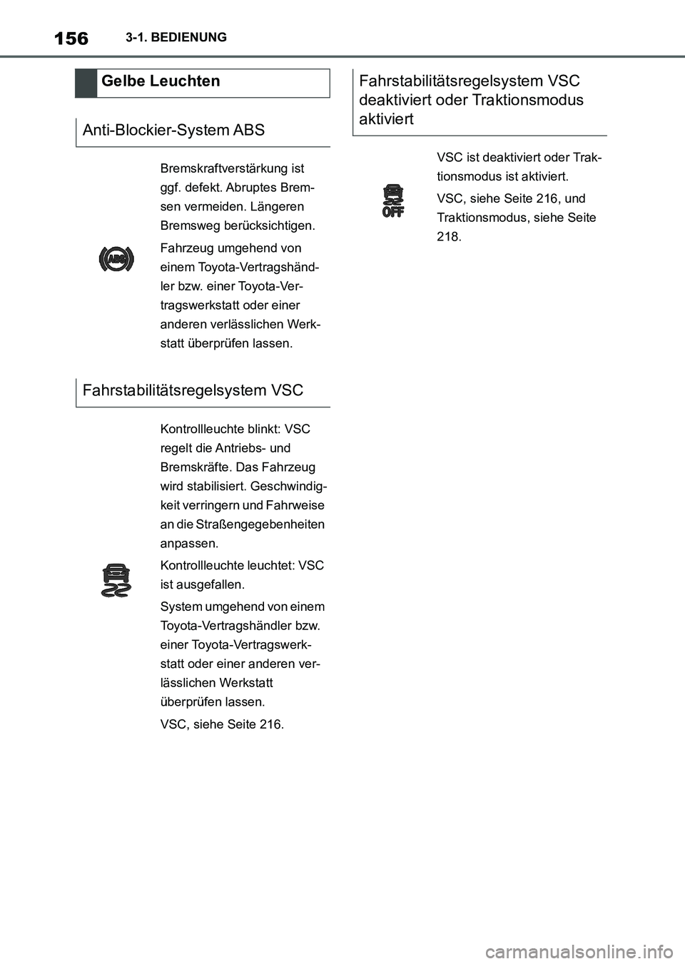 TOYOTA SUPRA 2022  Betriebsanleitungen (in German) 1563-1. BEDIENUNG
Gelbe Leuchten
Anti-Blockier-System ABS
Bremskraftverstärkung ist 
ggf. defekt. Abruptes Brem-
sen vermeiden. Längeren 
Bremsweg berücksichtigen.
Fahrzeug umgehend von 
einem Toyo
