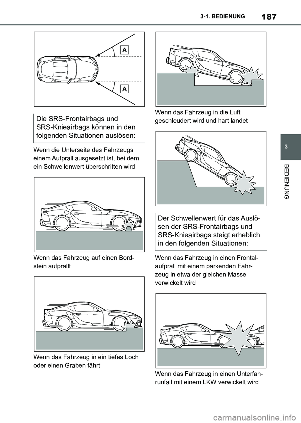 TOYOTA SUPRA 2022 Betriebsanleitungen (in German) 187
3 3-1. BEDIENUNG
BEDIENUNG
Wenn die Unterseite des Fahrzeugs
einem Aufprall ausgesetzt ist, bei dem
ein Schwellenwert überschritten wird
Wenn das Fahrzeug auf einen Bord-
stein aufprallt
Wenn d TOYOTA SUPRA 2022 Betriebsanleitungen (in German) 187
3 3-1. BEDIENUNG
BEDIENUNG
Wenn die Unterseite des Fahrzeugs
einem Aufprall ausgesetzt ist, bei dem
ein Schwellenwert überschritten wird
Wenn das Fahrzeug auf einen Bord-
stein aufprallt
Wenn d