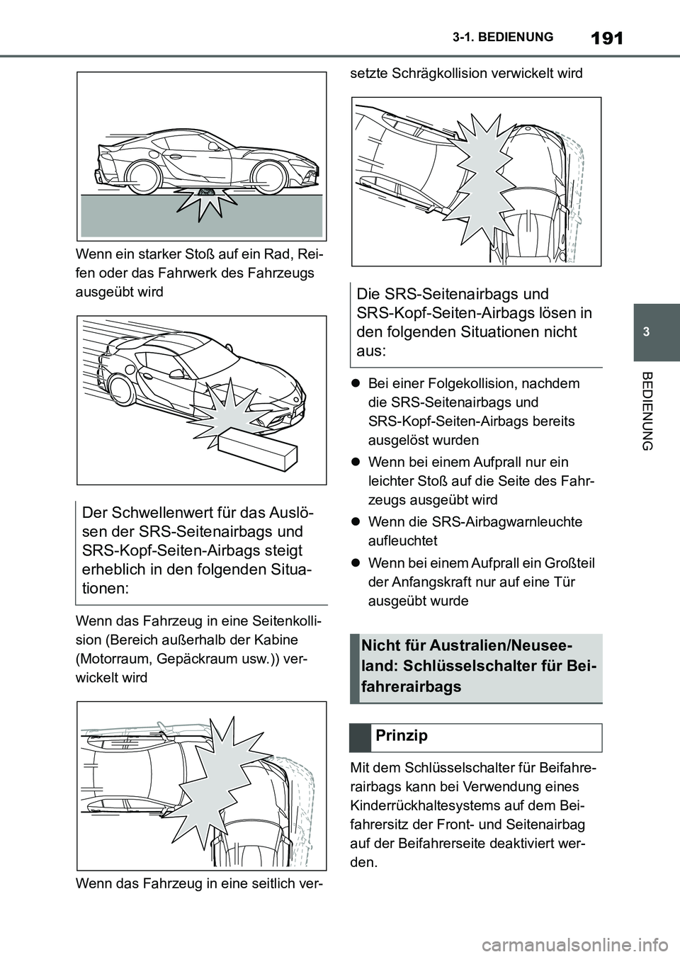 TOYOTA SUPRA 2022 Betriebsanleitungen (in German) 191
3 3-1. BEDIENUNG
BEDIENUNG
Wenn ein starker Stoß auf ein Rad, Rei-
fen oder das Fahrwerk des Fahrzeugs
ausgeübt wird
Wenn das Fahrzeug in eine Seitenkolli-
sion (Bereich außerhalb der Kabine
TOYOTA SUPRA 2022 Betriebsanleitungen (in German) 191
3 3-1. BEDIENUNG
BEDIENUNG
Wenn ein starker Stoß auf ein Rad, Rei-
fen oder das Fahrwerk des Fahrzeugs
ausgeübt wird
Wenn das Fahrzeug in eine Seitenkolli-
sion (Bereich außerhalb der Kabine