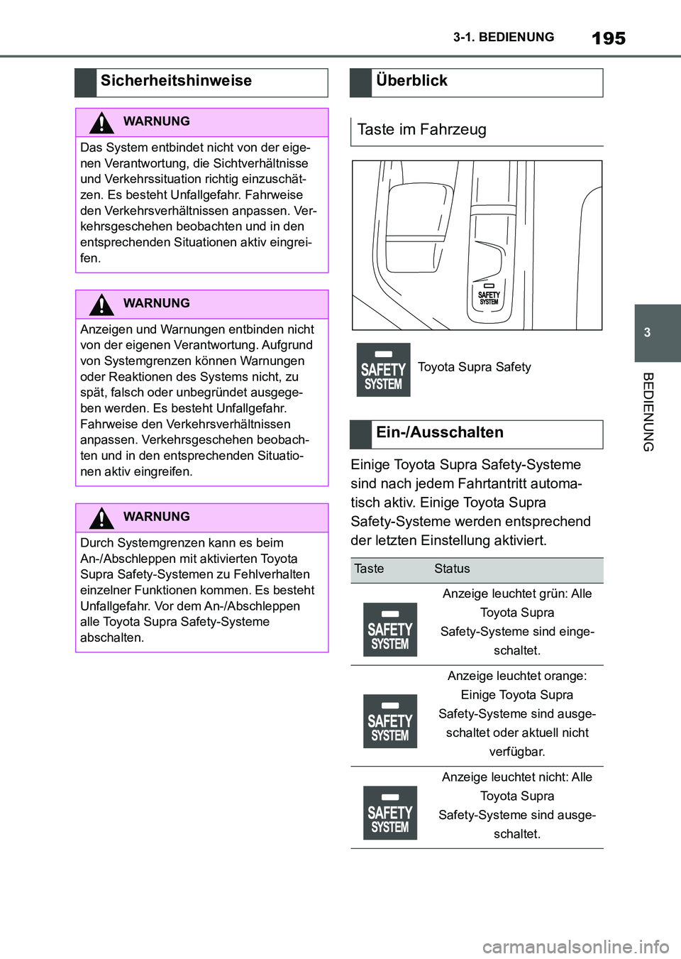 TOYOTA SUPRA 2022 Betriebsanleitungen (in German) 195
3 3-1. BEDIENUNG
BEDIENUNG
Einige Toyota Supra Safety-Systeme
sind nach jedem Fahrtantritt automa-
tisch aktiv. Einige Toyota Supra
Safety-Systeme werden entsprechend
der letzten Einstellung ak TOYOTA SUPRA 2022 Betriebsanleitungen (in German) 195
3 3-1. BEDIENUNG
BEDIENUNG
Einige Toyota Supra Safety-Systeme
sind nach jedem Fahrtantritt automa-
tisch aktiv. Einige Toyota Supra
Safety-Systeme werden entsprechend
der letzten Einstellung ak