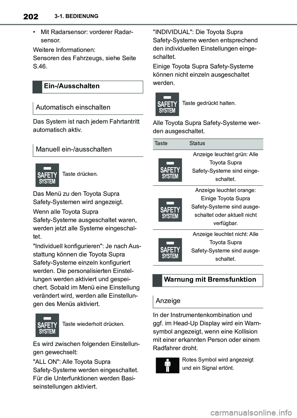 TOYOTA SUPRA 2022 Betriebsanleitungen (in German) 2023-1. BEDIENUNG
• Mit Radarsensor: vorderer Radar-
sensor.
Weitere Informationen:
Sensoren des Fahrzeugs, siehe Seite
S.46.
Das System ist nach jedem Fahrtantritt
automatisch aktiv.
Das Menü zu TOYOTA SUPRA 2022 Betriebsanleitungen (in German) 2023-1. BEDIENUNG
• Mit Radarsensor: vorderer Radar-
sensor.
Weitere Informationen:
Sensoren des Fahrzeugs, siehe Seite
S.46.
Das System ist nach jedem Fahrtantritt
automatisch aktiv.
Das Menü zu