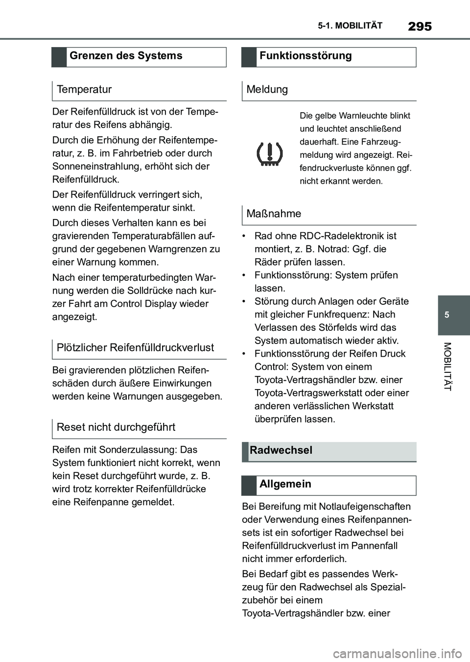 TOYOTA SUPRA 2022 Betriebsanleitungen (in German) 295
5 5-1. MOBILITÄT
MOBILITÄT
Der Reifenfülldruck ist von der Tempe-
ratur des Reifens abhängig.
Durch die Erhöhung der Reifentempe-
ratur, z. B. im Fahrbetrieb oder durch
Sonneneinstrahlung, e TOYOTA SUPRA 2022 Betriebsanleitungen (in German) 295
5 5-1. MOBILITÄT
MOBILITÄT
Der Reifenfülldruck ist von der Tempe-
ratur des Reifens abhängig.
Durch die Erhöhung der Reifentempe-
ratur, z. B. im Fahrbetrieb oder durch
Sonneneinstrahlung, e