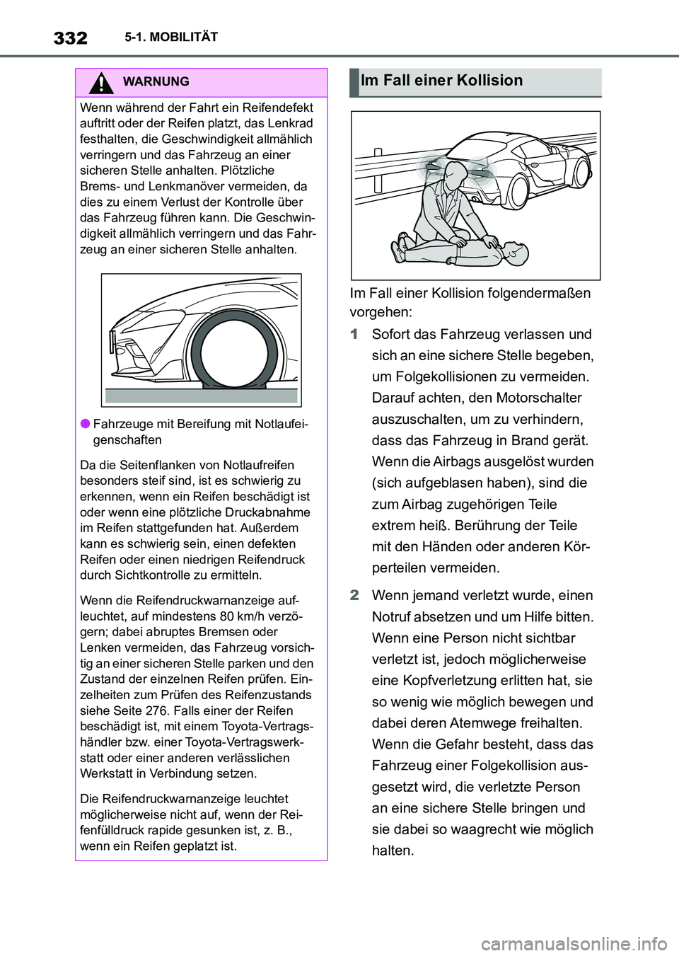 TOYOTA SUPRA 2022  Betriebsanleitungen (in German) 3325-1. MOBILITÄT
Im Fall einer Kollision folgendermaßen 
vorgehen:
1Sofort das Fahrzeug verlassen und 
sich an eine sichere Stelle begeben, 
um Folgekollisionen zu vermeiden. 
Darauf achten, den Mo