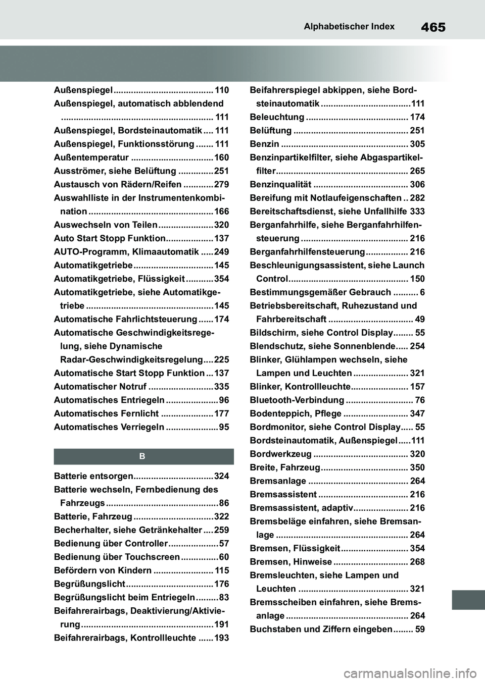 TOYOTA SUPRA 2022 Betriebsanleitungen (in German) 465Alphabetischer Index
Außenspiegel ........................................ 110
Außenspiegel, automatisch abblendend
............................................................. 111
Außenspiegel TOYOTA SUPRA 2022 Betriebsanleitungen (in German) 465Alphabetischer Index
Außenspiegel ........................................ 110
Außenspiegel, automatisch abblendend
............................................................. 111
Außenspiegel