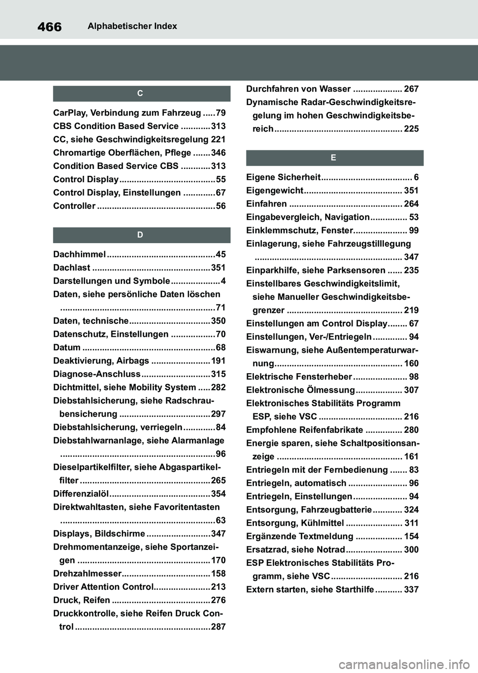 TOYOTA SUPRA 2022 Betriebsanleitungen (in German) 466Alphabetischer Index
C
CarPlay, Verbindung zum Fahrzeug ..... 79
CBS Condition Based Service ............ 313
CC, siehe Geschwindigkeitsregelung 221
Chromartige Oberflächen, Pflege ....... 346
Con TOYOTA SUPRA 2022 Betriebsanleitungen (in German) 466Alphabetischer Index
C
CarPlay, Verbindung zum Fahrzeug ..... 79
CBS Condition Based Service ............ 313
CC, siehe Geschwindigkeitsregelung 221
Chromartige Oberflächen, Pflege ....... 346
Con