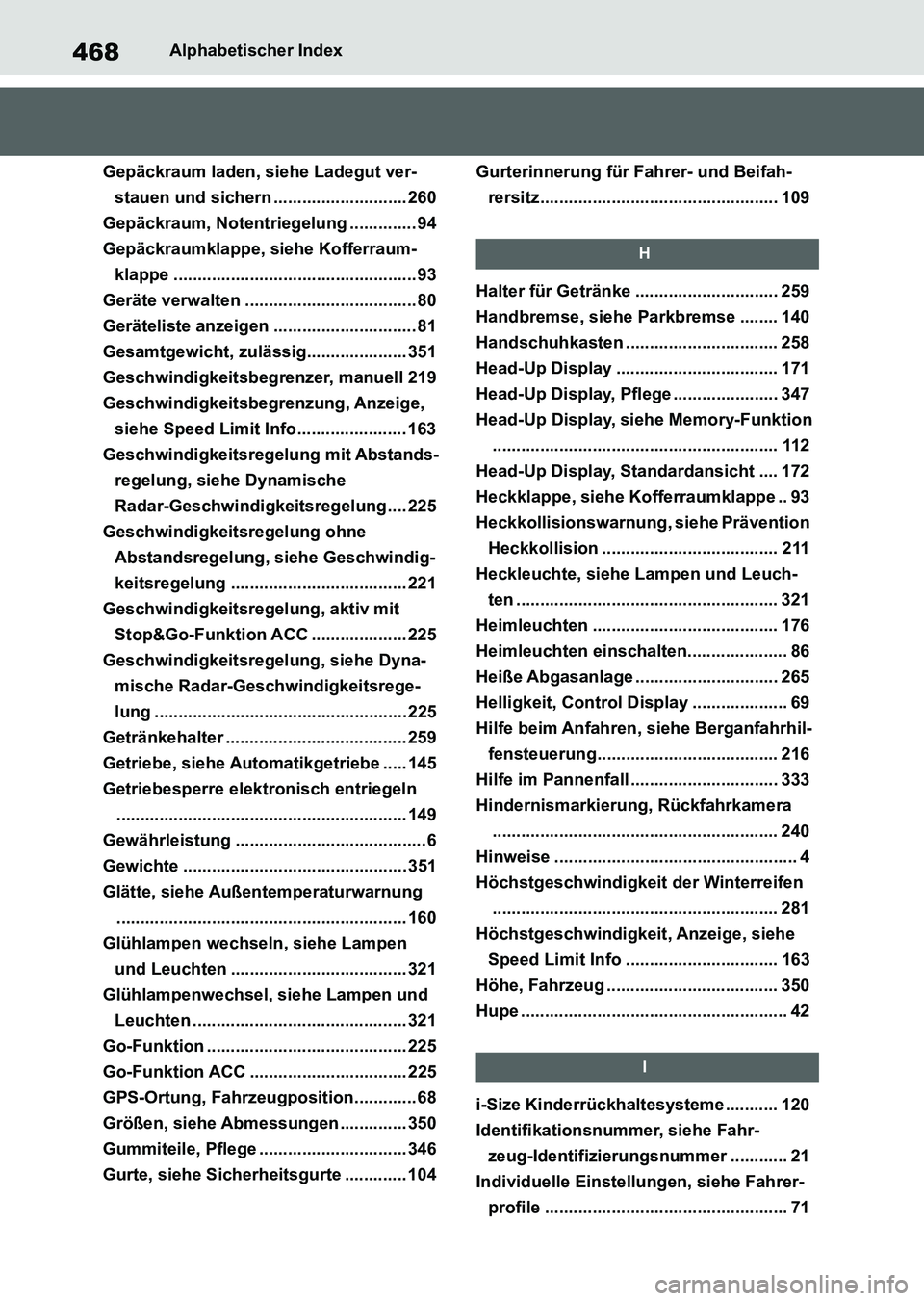 TOYOTA SUPRA 2022 Betriebsanleitungen (in German) 468Alphabetischer Index
Gepäckraum laden, siehe Ladegut ver-
stauen und sichern ............................ 260
Gepäckraum, Notentriegelung .............. 94
Gepäckraumklappe, siehe Kofferraum-
kl TOYOTA SUPRA 2022 Betriebsanleitungen (in German) 468Alphabetischer Index
Gepäckraum laden, siehe Ladegut ver-
stauen und sichern ............................ 260
Gepäckraum, Notentriegelung .............. 94
Gepäckraumklappe, siehe Kofferraum-
kl