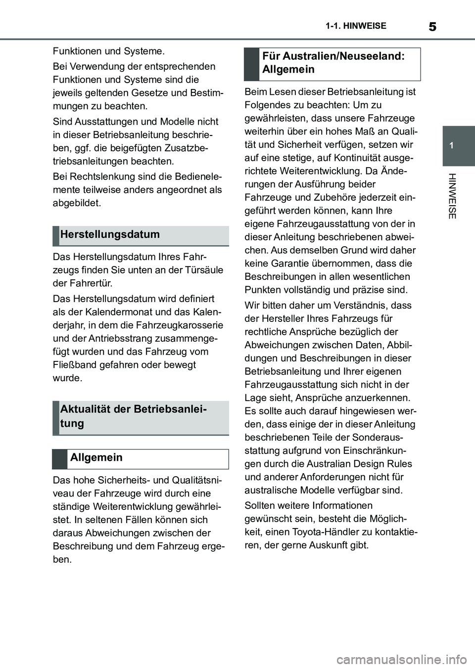 TOYOTA SUPRA 2022  Betriebsanleitungen (in German) 5
1 1-1. HINWEISE
HINWEISE
Funktionen und Systeme.
Bei Verwendung der entsprechenden 
Funktionen und Systeme sind die 
jeweils geltenden Gesetze und Bestim-
mungen zu beachten.
Sind Ausstattungen und 