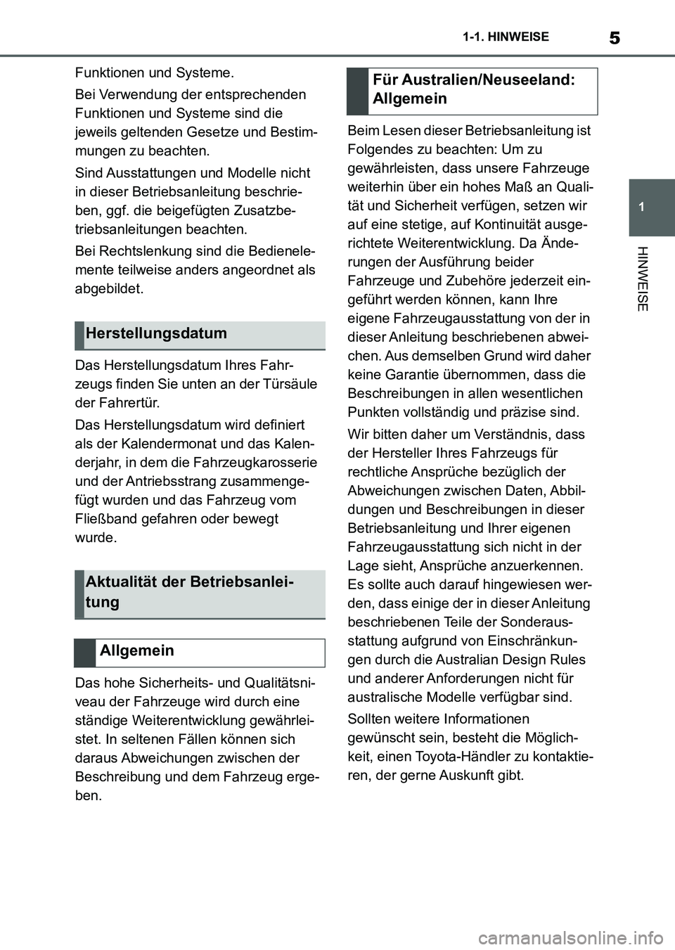 TOYOTA SUPRA 2022 Betriebsanleitungen (in German) 5
1 1-1. HINWEISE
HINWEISE
Funktionen und Systeme.
Bei Verwendung der entsprechenden
Funktionen und Systeme sind die
jeweils geltenden Gesetze und Bestim-
mungen zu beachten.
Sind Ausstattungen und TOYOTA SUPRA 2022 Betriebsanleitungen (in German) 5
1 1-1. HINWEISE
HINWEISE
Funktionen und Systeme.
Bei Verwendung der entsprechenden
Funktionen und Systeme sind die
jeweils geltenden Gesetze und Bestim-
mungen zu beachten.
Sind Ausstattungen und