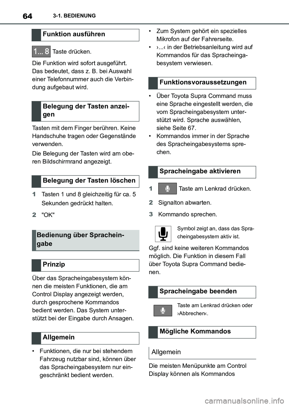 TOYOTA SUPRA 2022  Betriebsanleitungen (in German) 643-1. BEDIENUNG
 Taste drücken.
Die Funktion wird sofort ausgeführt. 
Das bedeutet, dass z. B. bei Auswahl 
einer Telefonnummer auch die Verbin-
dung aufgebaut wird.
Tasten mit dem Finger berühren