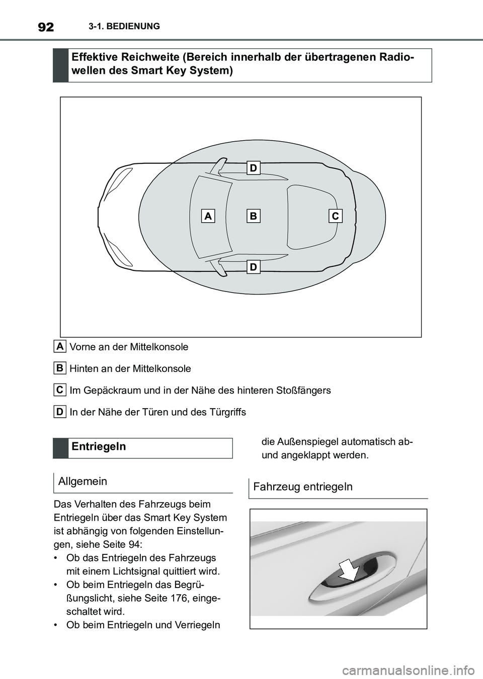 TOYOTA SUPRA 2022  Betriebsanleitungen (in German) 923-1. BEDIENUNG
Vorne an der Mittelkonsole
Hinten an der Mittelkonsole
Im Gepäckraum und in der Nähe des hinteren Stoßfängers
In der Nähe der Türen und des Türgriffs
Das Verhalten des Fahrzeug