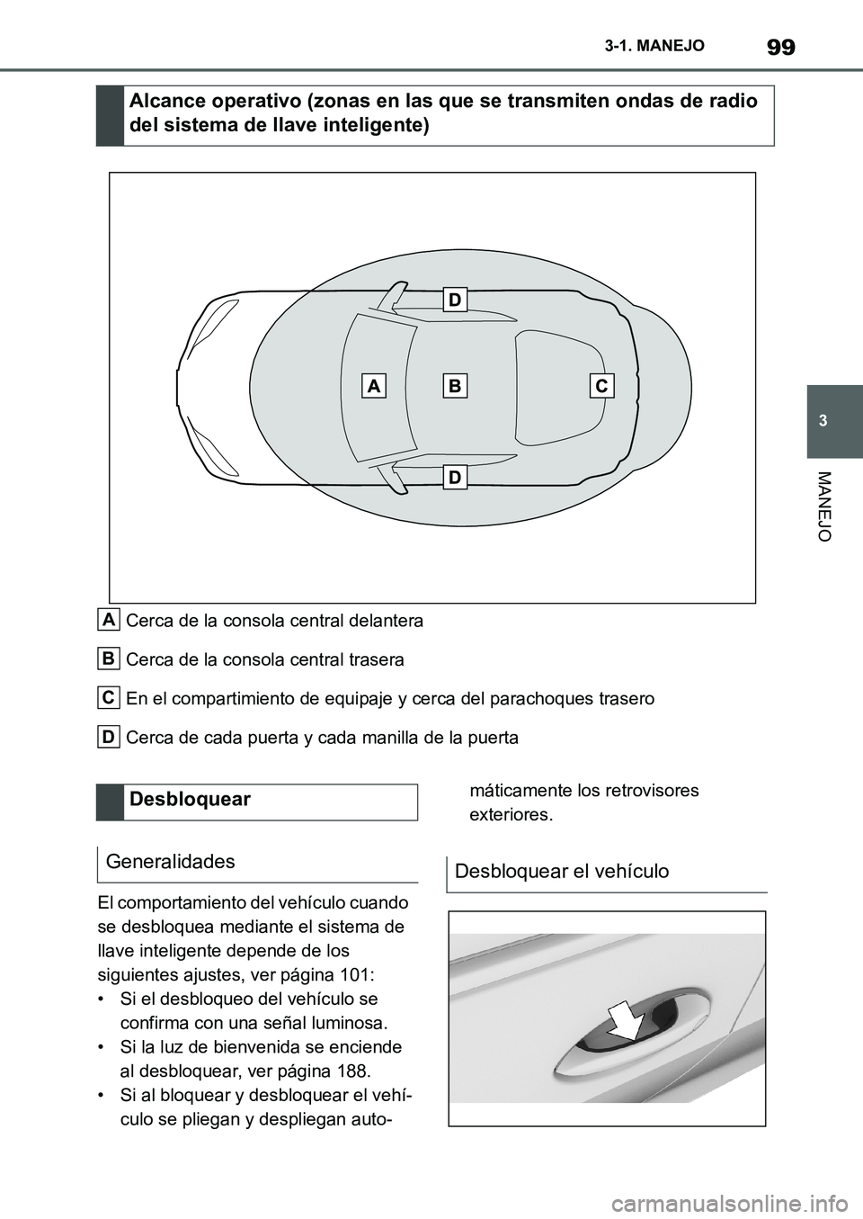 TOYOTA SUPRA 2022  Manuale de Empleo (in Spanish) 99
3 3-1. MANEJO
MANEJO
Cerca de la consola central delantera
Cerca de la consola central trasera
En el compartimiento de equipaje y cerca del parachoques trasero
Cerca de cada puerta y cada manilla d