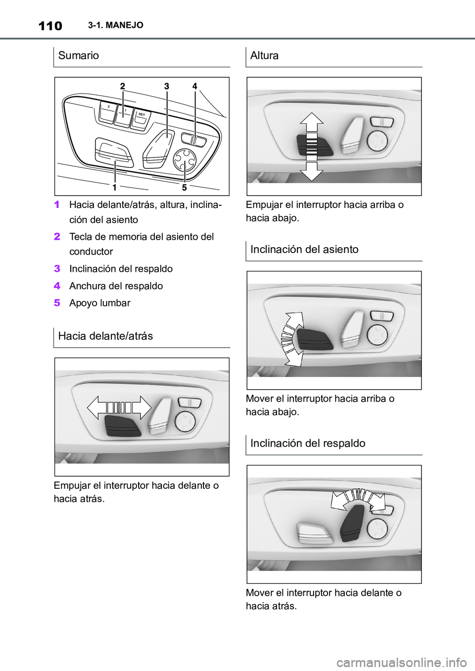 TOYOTA SUPRA 2022  Manuale de Empleo (in Spanish) 1103-1. MANEJO
1Hacia delante/atrás, altura, inclina-
ción del asiento
2Tecla de memoria del asiento del 
conductor
3Inclinación del respaldo
4Anchura del respaldo
5Apoyo lumbar
Empujar el interrup