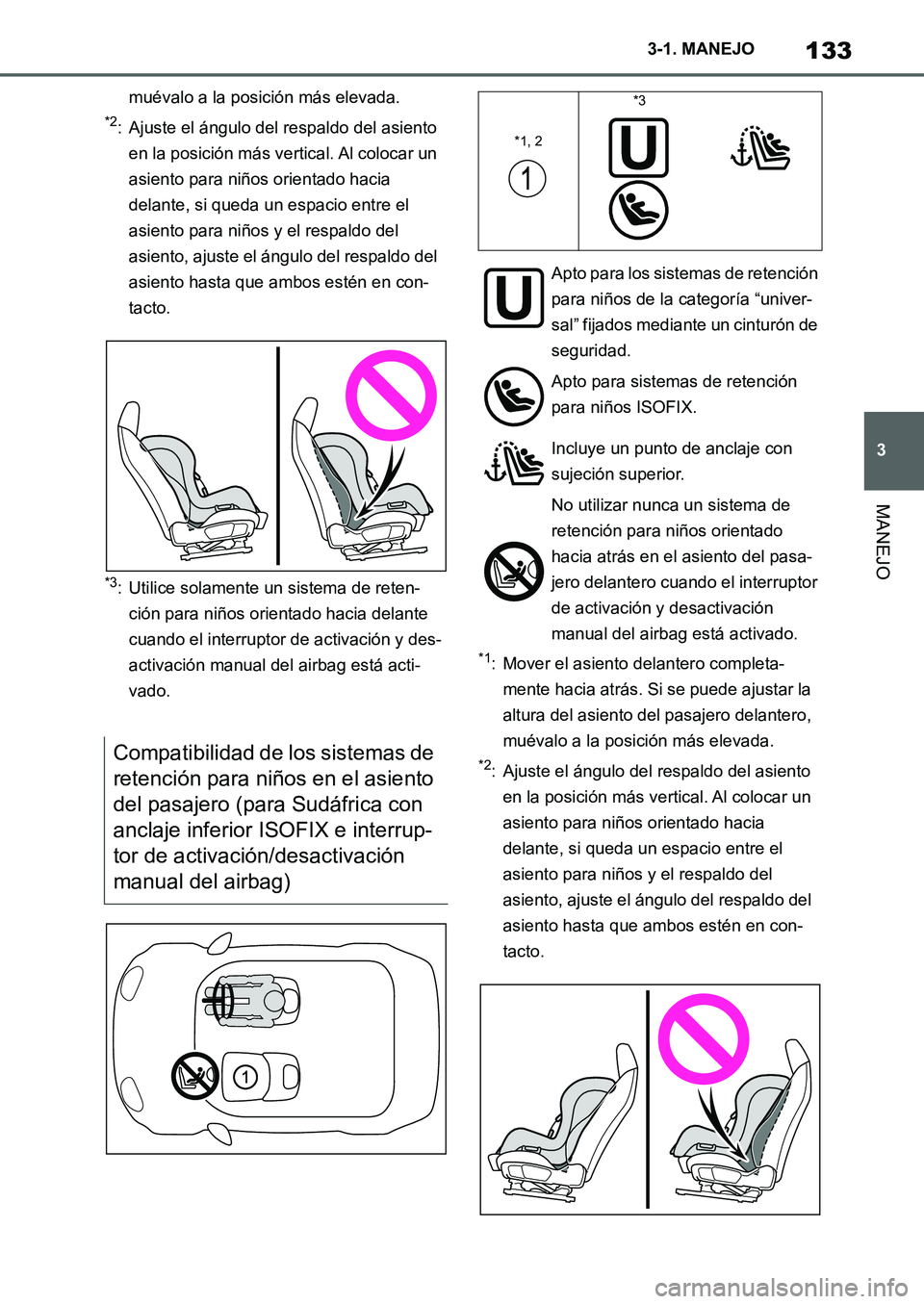 TOYOTA SUPRA 2022  Manuale de Empleo (in Spanish) 133
3 3-1. MANEJO
MANEJO
muévalo a la posición más elevada.
*2: Ajuste el ángulo del respaldo del asiento 
en la posición más vertical. Al colocar un 
asiento para niños orientado hacia 
delant