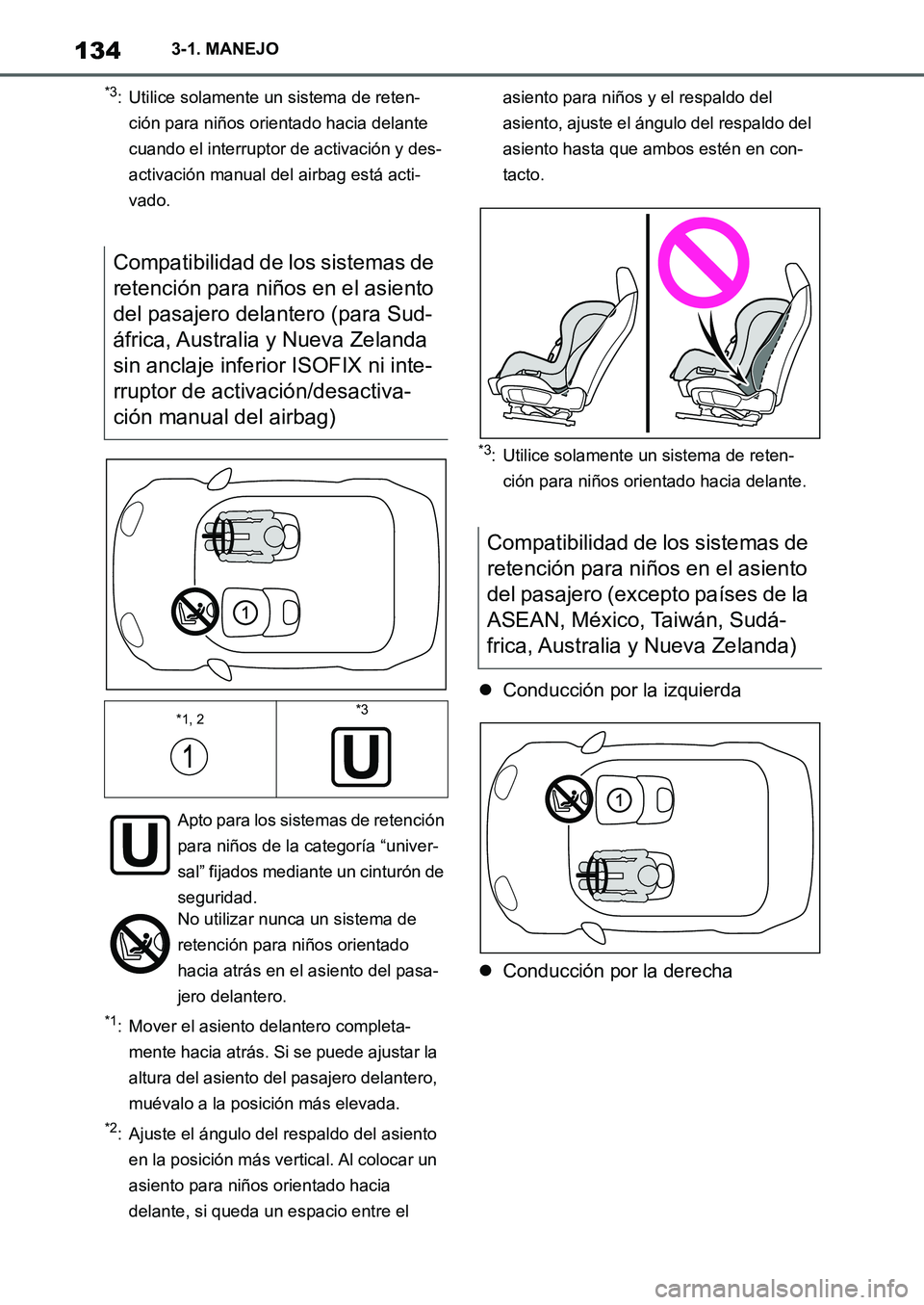 TOYOTA SUPRA 2022  Manuale de Empleo (in Spanish) 1343-1. MANEJO
*3: Utilice solamente un sistema de reten-
ción para niños orientado hacia delante 
cuando el interruptor de activación y des-
activación manual del airbag está acti-
vado.
*1: Mov