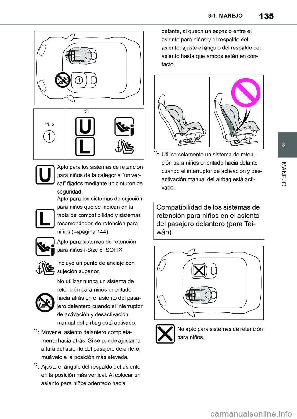 TOYOTA SUPRA 2022  Manuale de Empleo (in Spanish) 135
3 3-1. MANEJO
MANEJO
*1: Mover el asiento delantero completa-
mente hacia atrás. Si se puede ajustar la 
altura del asiento del pasajero delantero, 
muévalo a la posición más elevada.
*2: Ajus