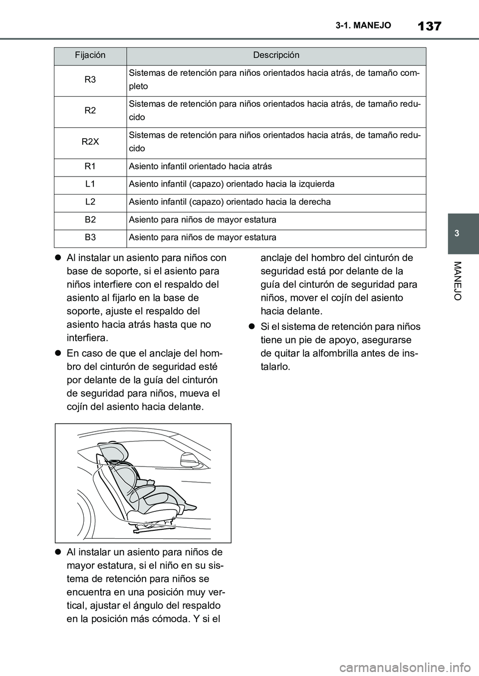 TOYOTA SUPRA 2022  Manuale de Empleo (in Spanish) 137
3 3-1. MANEJO
MANEJOAl instalar un asiento para niños con 
base de soporte, si el asiento para 
niños interfiere con el respaldo del 
asiento al fijarlo en la base de 
soporte, ajuste el resp