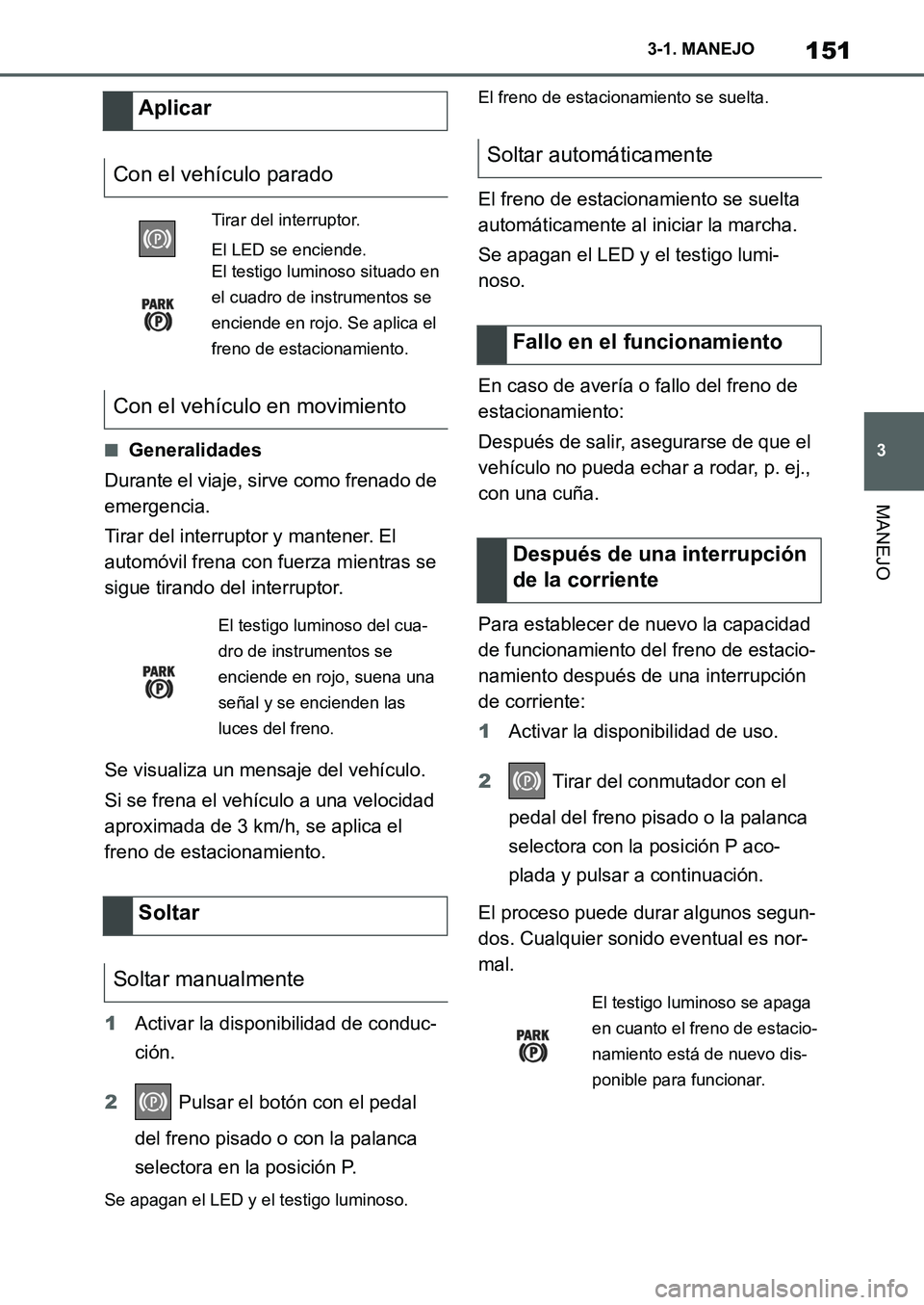 TOYOTA SUPRA 2022  Manuale de Empleo (in Spanish) 151
3 3-1. MANEJO
MANEJO
■Generalidades
Durante el viaje, sirve como frenado de 
emergencia.
Tirar del interruptor y mantener. El 
automóvil frena con fuerza mientras se 
sigue tirando del interrup